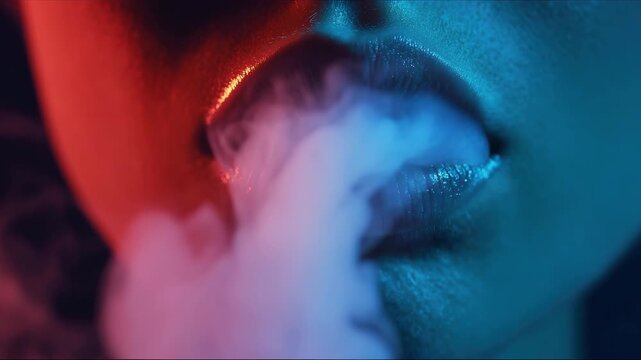 Tobacco smoke comes out of women's lips on a dark background