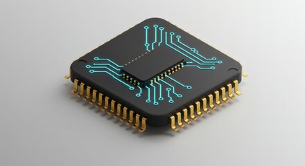 Illustration of a detailed computer chip, showcasing intricate circuit design and technology
