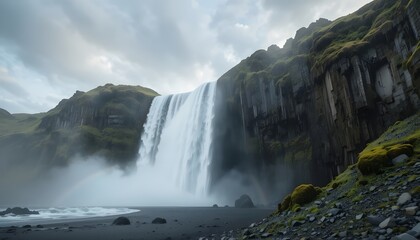 Icelandic waterfall crashing into mossy cliffs, rainbow in the mist, dramatic overcast sky, wide panoramic composition