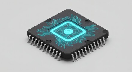 Isometric 3D render of a futuristic microprocessor with glowing turquoise circuits, representing advanced AI and quantum computing technology