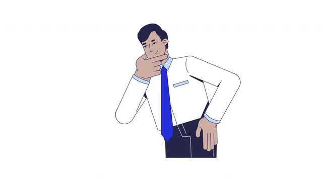 Indian businessman thinking about financial decisions 2D character animation. South asian male professional corporate budget planning animated person cartoon 4K video isolated on white transparent
