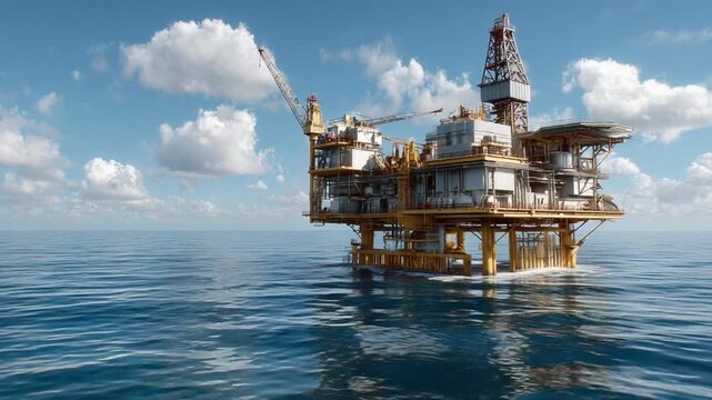 Offshore Oil Rig Amidst Blue Waves: An imposing offshore oil rig stands majestically in the vast ocean, silhouetted against a backdrop of blue skies and fluffy clouds.