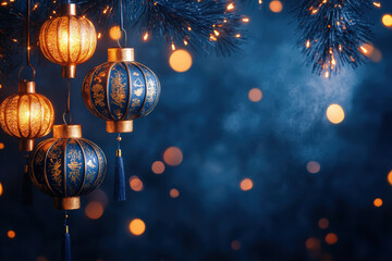 Festive lanterns glowing beautifully against a rich blue background, perfect for the holidays.