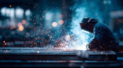 Intense image showcases a person welding metal with a bright, concentrated light source creating fiery sparks within a workshop environment, emphasizing the process and the worker's dedication to...