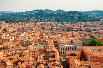 Aerial view of the historic center of Bologna, Italy. Architecture of ancient houses in Bologna. Rome architecture and landmark.