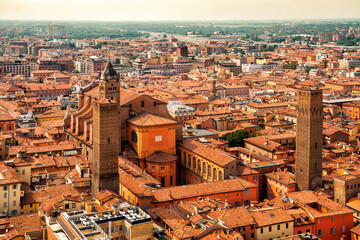 Aerial cityscape view to Bologna cathedral and historical center of the city with Altabella Tower, Bologna, Italy. Bologna city of Emilia Romagna, Italy.
