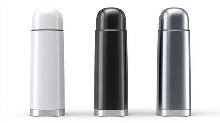 White gray and black thermos bottles with aluminum construction on white background. 3D rendering mockup for logo design and branding applications, product presentation concepts