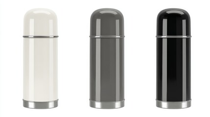 White gray and black thermos bottles with aluminum construction on white background. 3D rendering mockup for logo design and branding applications, product presentation concepts