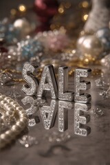 Glamorous jewelry sale with sparkling diamonds and pearls displayed on reflective surface