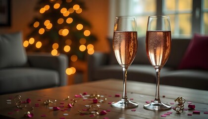 A pair of champagne flutes on a table, set against a sparkling Christmas tree, symbolizing celebration for New Year's Eve