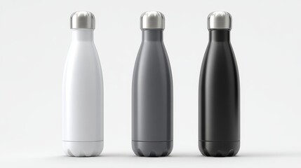 White gray and black thermos bottles with aluminum construction on white background. 3D rendering mockup for logo design and branding applications, product presentation concepts