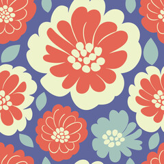 Vintage retro floral pattern with coral blue and cream blooms, The design evokes a vintage aesthetic.