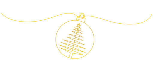 Minimalist yellow line art illustration of a Christmas ornament featuring a stylized Christmas tree with a star on top. The design is elegant and simple