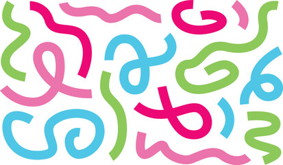 Collection of 80s style abstract scribbles. A set of fun, colorful hand-drawn lines and swirls for backgrounds or decorative elements.