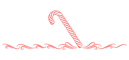 Minimalist red line art illustration of a Christmas candy cane with decorative swirls below it. The candy cane features twisted stripes and elegant flourishes
