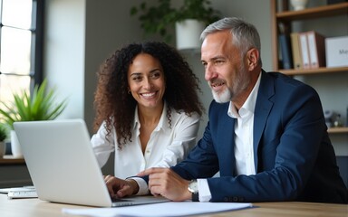 Obraz premium Business team of two executives working together using laptop in office. Happy young business woman manager showing project presentation to mature man client, investor or partner at work meeting.