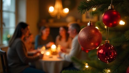 Friends and family sit together at a table adorned with Christmas decorations, sharing joy and warmth during a holiday gathering