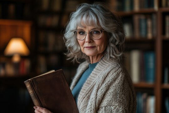 A mature woman with curly gray hair and glasses, standing in a library with a book.
