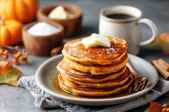 Stack of fluffy pumpkin pancakes with butter and syrup on rustic autumn table. Pumpkin Pancakes Stack, cozy autumn breakfast concept - Powered by Adobe