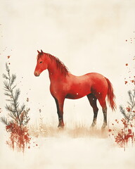 Minimal nordic watercolor illustration of a fiery red horse standing gracefully on a soft beige paper background, with subtle snowflakes and pine twigs, warm golden tones, calm festive mood, modern.