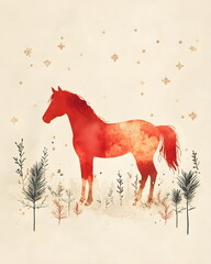 Minimal nordic watercolor illustration of a fiery red horse standing gracefully on a soft beige paper background, with subtle snowflakes and pine twigs, warm golden tones, calm festive mood, modern.