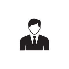 A simple black and white icon of a person in a suit and tie on a white background in the center