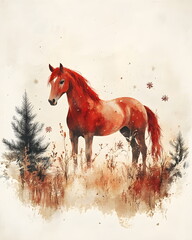 Minimal nordic watercolor illustration of a fiery red horse standing gracefully on a soft beige paper background, with subtle snowflakes and pine twigs, warm golden tones, calm festive mood, modern.