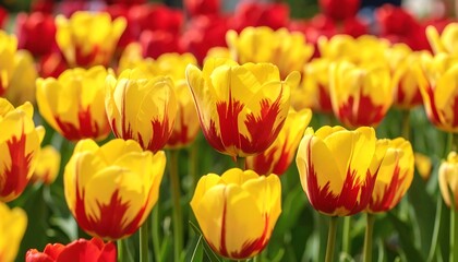 Vibrant yellow and red tulips in a garden