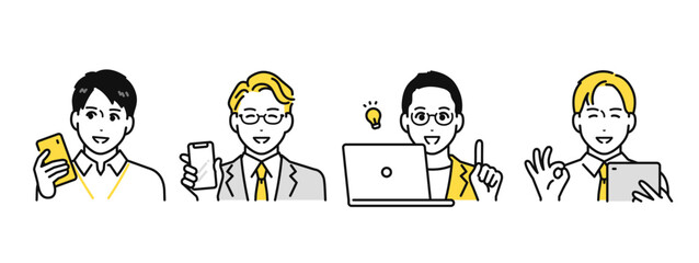 スマートフォン タブレット ノートパソコン 解決 笑顔 ビジネスパーソン アイコン