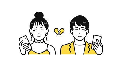 スマホを持って泣く若い男女のアイコンイラスト