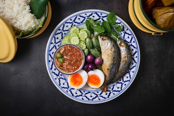 A set of thai cuisine shrimp paste dip with fried mackerel ,soft boiled eggs and set of vegetables