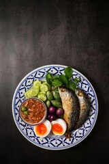 A set of thai cuisine shrimp paste dip with fried mackerel ,soft boiled eggs and set of vegetables