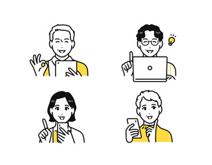 スマートフォン タブレット パソコン 喜ぶ 笑顔 中年男女 アイコン