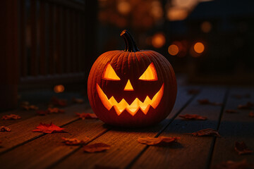 Carved jack-o'-lantern on autumn porch at twilight, eerie glow