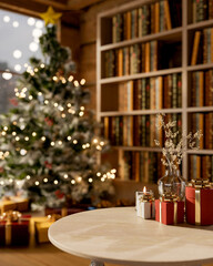 Gift box present and glass vase on wooden table across Christmas tree and bookshelf in a living room