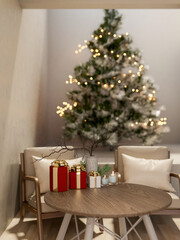 Present gift box and candles on wooden round table and armchairs with Christmas trees in a living room.
