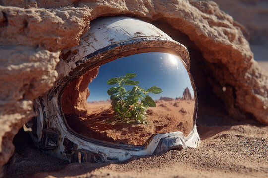 The mirrored glass of the spacesuit helmet reflects a green sprout in the desert. A global natural disaster. The tree grows in arid soil. The concept of global warming.