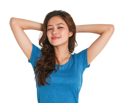 Relaxing portrait of a young woman in casual blue shirt isolated on transparent background