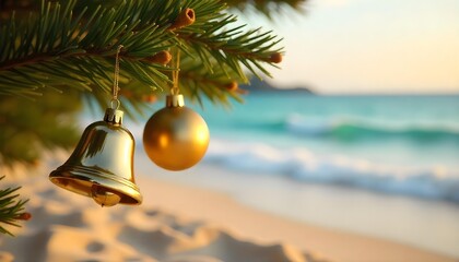 Colorful Christmas decorations hang from a palm tree on a sandy beach, embodying a festive summer holiday vibe