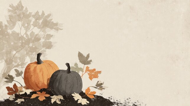 Harvest celebration pumpkins and autumn leaves outdoor scene art illustration fall colors still life concept
