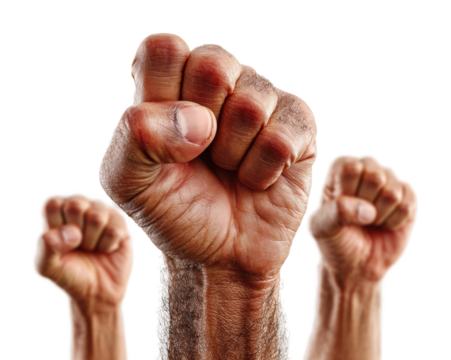 Raising fists for justice global protests series isolated on transparent background