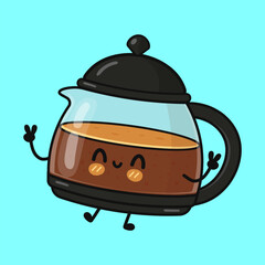 Cartoon coffee pot character smiling showing peace sign