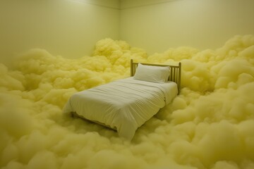 Minimal bedroom with single bed surrounded by soft yellow clouds under gentle daylight, surreal dreamlike atmosphere