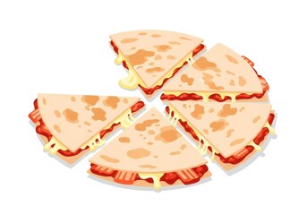 Five slices of strawberry quesadilla with melted cheese, isolated on white background