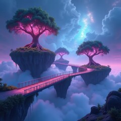 Enchanted floating islands connected by glowing bridges and surreal trees
