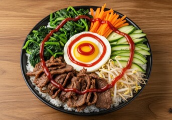 Vibrant korean bibimbap served in a black bowl, featuring rice, beef, assorted vegetables, and a fried egg, drizzled with spicy sauce