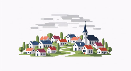 Peaceful Countryside Village Illustration with Church, Red and Blue Roof Houses, Trees, and Green Hills