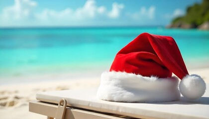 Fototapeta premium A Santa hat rests on a beach chair, surrounded by sand and palm trees, capturing a tropical Christmas vibe
