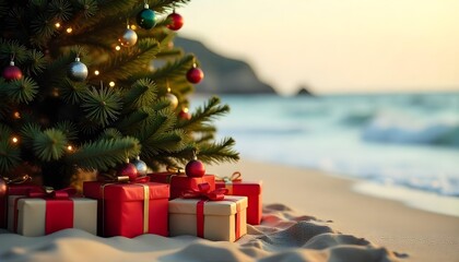 A Christmas tree decorated with baubles on the beach, with gifts nearby, palm trees, and a sunset over the ocean