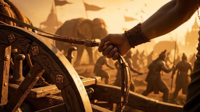 Epic depiction of the Bhagavad Gita war scene and chariot puller, symbolizing Hindu philosophy and Geeta Jayanti relevance.